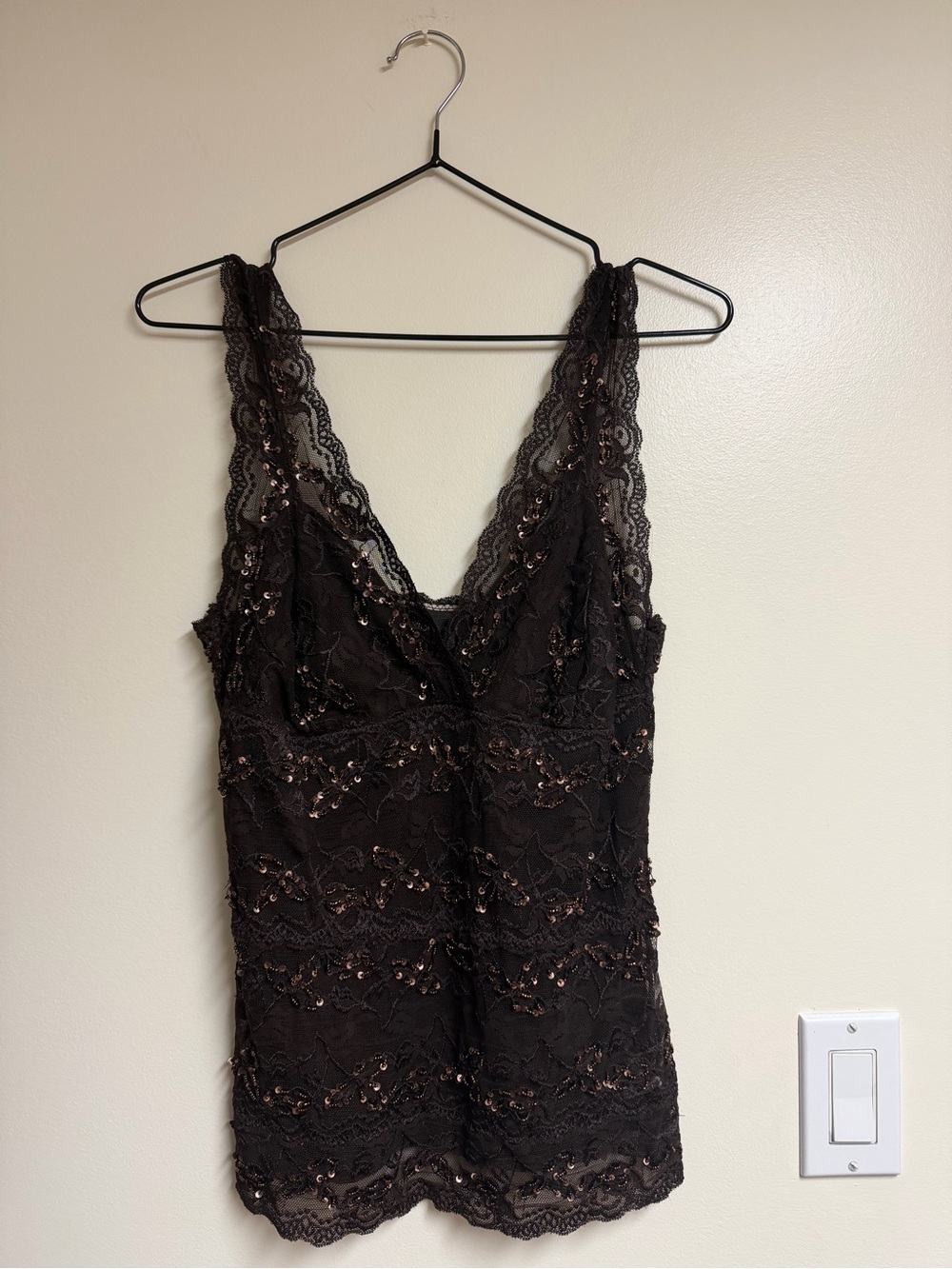 Brown Lace Sequin V-Neck Camisole - le château